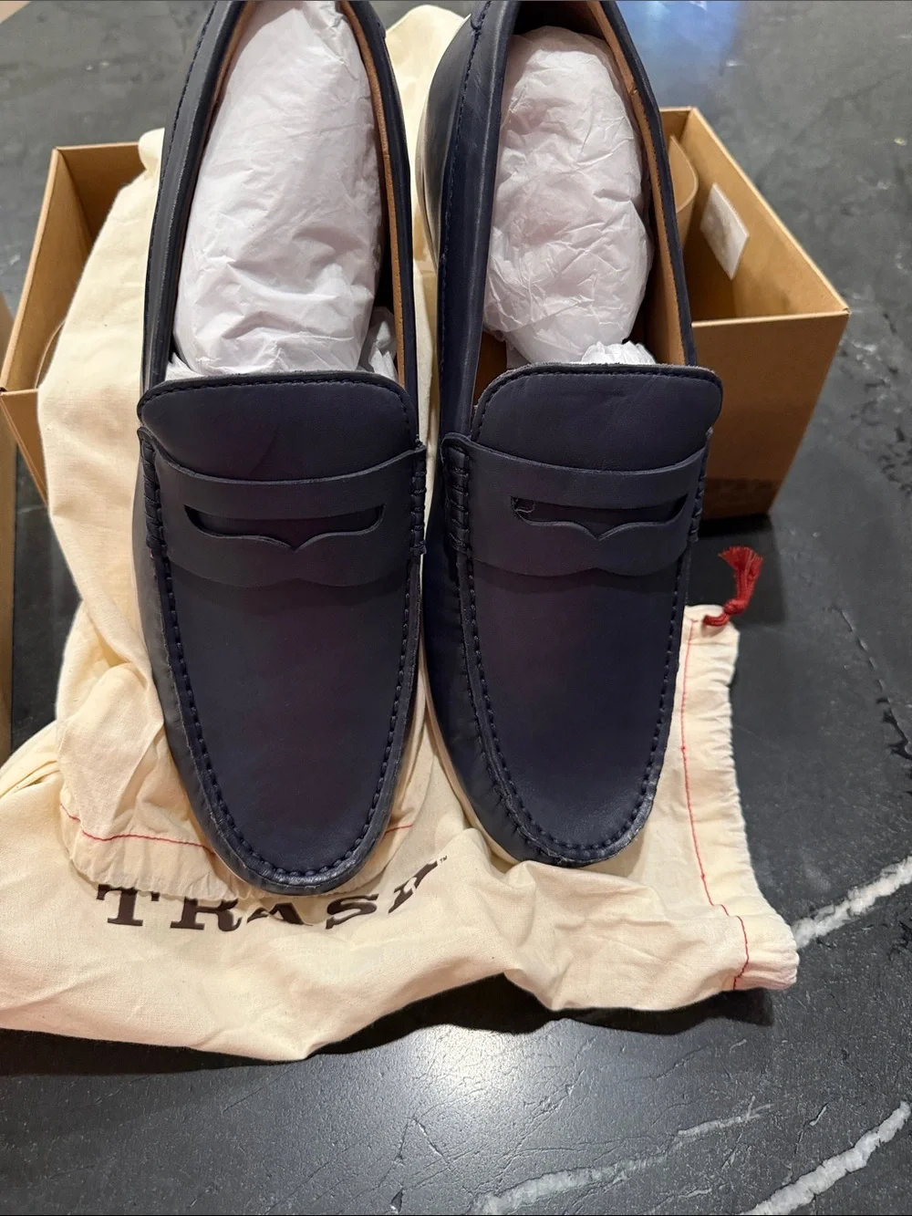 Trask Navy Leather Penny Loafers
